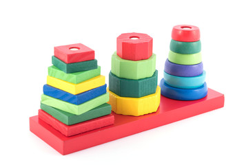 stack of many shape cube building blocks on white background , c