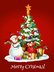Christmas holidays card with snowman, pine, gifts