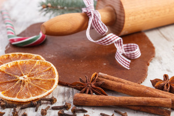 Dough for Christmas cookies, spice and ingredient for baking gingerbread
