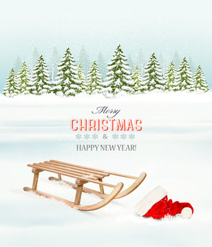Winter Christmas background with a sleigh and a santa hat. Vecto