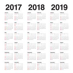 Simple Calendar template for 2017 to 2019