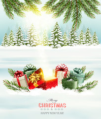 Christmas holiday background with presents and magic box. Vector