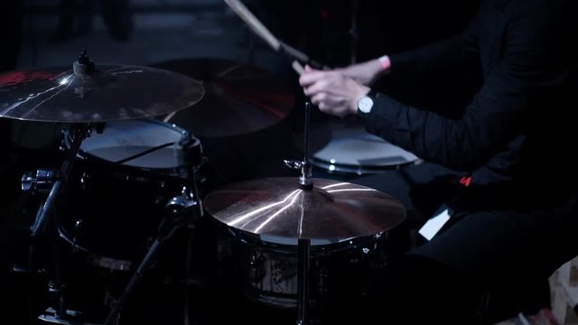 Slow Motion - Drummer Plays at The Concert, Drumming, Close up of Drummer's Hands
