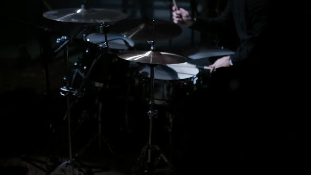 Drummer Plays at The Concert, Drumming, Close up of Drummer's Hands, Slow motion