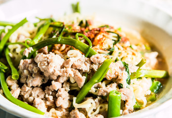 Noodle or ramen with pork and vegetable in bowl