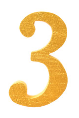 gold wooden font number three isolated on white background