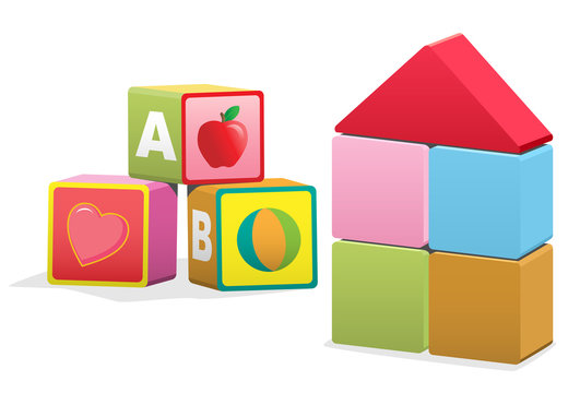Baby building blocks, with ABC's, images, and blank cubes
