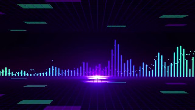 Seamless 3D abstract animation of sound wave equalizer. In 3d geometric square abstract terrain wireframe zooming with equalizer background. With square block pattern. Used for music dance equalizer