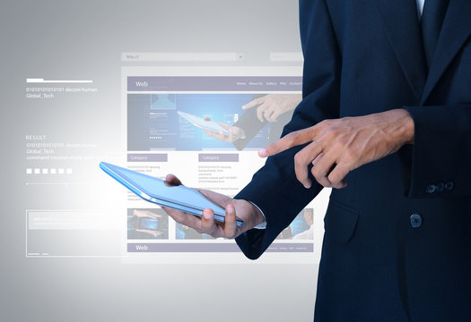 business man showing web page on tablet