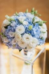 Beautiful wedding bouquet close up outdoor. Details, petals, leaves