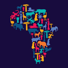 Map of Africa with african symbols silhouette icons