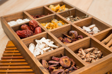 Chinese Herbal Medicine in box on table.