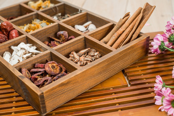 Chinese Herbal Medicine in box on table.