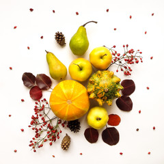 Stylish composition of vegetables, fruits, autumn leaves, berries. Top view on white background. Autumn flat lay