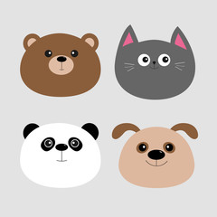 Animal head set. Cartoon kawaii baby bear, cat, dog, panda. Flat design. Gray background.