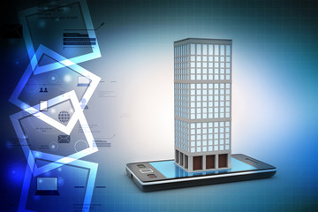 Smart phone and building with real estate concept in color background
