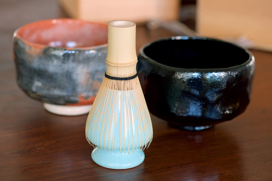 Japanese Raku Ware Tea Bowls, Chawan, for Tea Ceremony use, with bamboo tea whisk, or Chasen