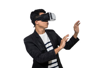 Asian Businessman wearing virtual reality on white background, i