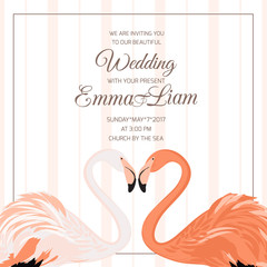 Fototapeta premium Wedding ceremony event invitation template. Exotic pink flamingo birds couple. Beal to beak. Heart shape. Mating season. Detailed vector design illustration on vertical stripes background.