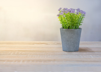 violet flower in gray pot on wood table