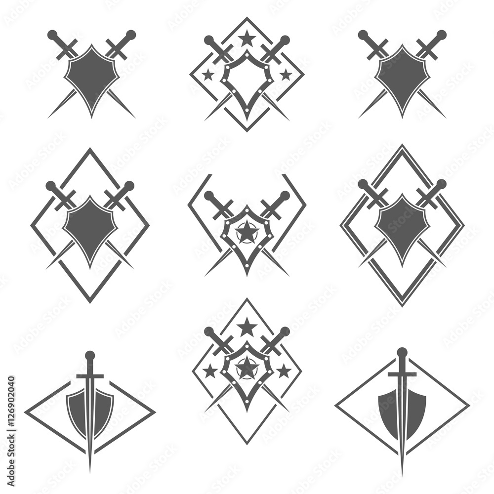 Poster set of abstract vector icon - shield and sword