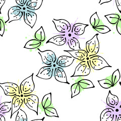 Seamless vector hand drawn seamless floral  pattern. Colorful Background with flowers, leaves. Decorative graphic vector drawn illustration. Line drawing