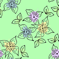 Seamless vector hand drawn seamless floral  pattern. Green Background with flowers, leaves. Decorative graphic vector drawn illustration. Line drawing