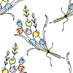 Seamless vector hand drawn seamless floral  pattern. Colorful Background with flowers, leaves. Decorative graphic vector drawn illustration. Line drawing