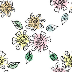 Seamless vector hand drawn seamless floral  pattern. Colorful Background with flowers, leaves. Decorative graphic vector drawn illustration. Line drawing