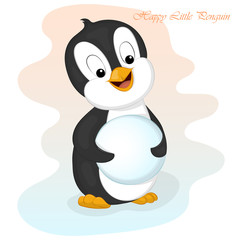 Funny and cute little penguin with snowball for snowman. Merry Christmas and Happy New year card. Christmas card in cartoon style. Vector illustration