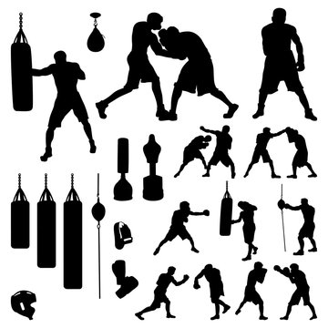 Boxer Boxing Fighter and Equipment Accessories Silhouette Set