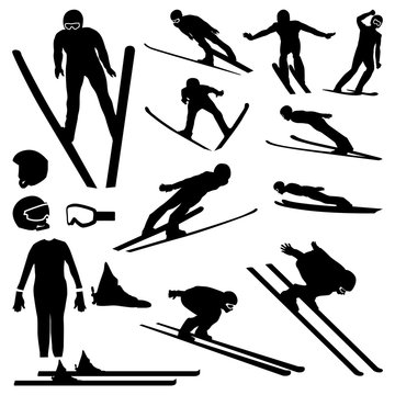 Ski Jumper Jumping Flying High with Equipment Silhouette Set