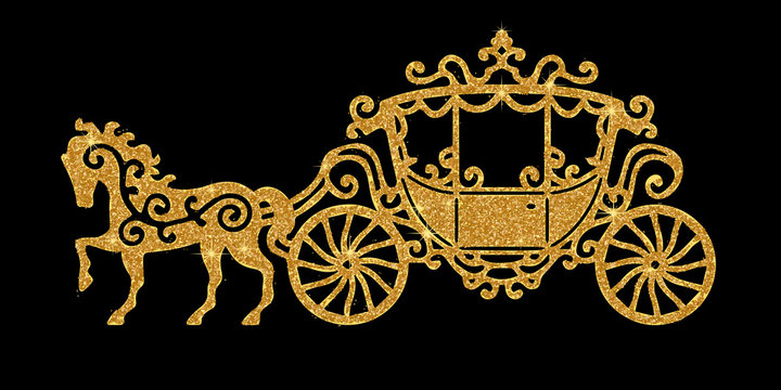 Horse carriage golden silhouette. Vector illustration. Art silver glitter icon. Creative concept for web, glow light confetti, bright sequins, sparkle tinsel, abstract bling, shimmer dust.