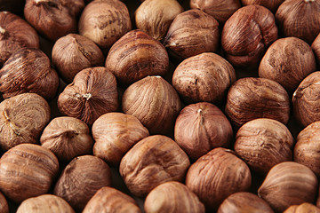 Hazelnut background. Pile of selected hazel close-up. For vegetarians.