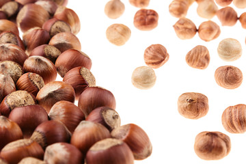 Hazelnut and kernel border on white background. Pile of selected hazel close-up. Isolated.
