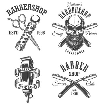 Set of vintage barbershop emblems, labels, badges, logos. Layered. Text is on separate layer. Isolated on white