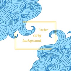Greeting card or invitation with hand drawn blue curly wavy doodle and square frame for your text. Vector illustration.