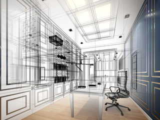 sketch design of working room ,3dwire frame render