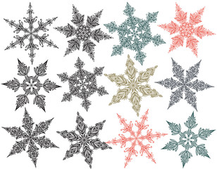 Naklejka na ściany i meble Vector set of beautiful hand drawn doodle snowflakes.