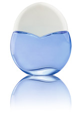 Woman perfume blue bottle with white lid, reflected
