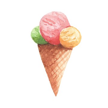 Cone ice cream. Watercolor  painting. Isolated on white