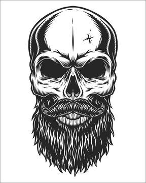 Monochrome illustration of hipster skull with mustache and beard. Isolated on white background