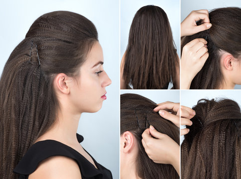 hairstyle with pins for curly hair tutorial Stock Photo | Adobe Stock