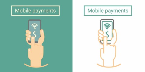 Mobile payment, hand holding phone and push on screen. Flat and linear symbol or icon design