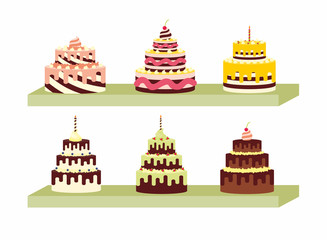 Set of tasty cakes on the shelf for birthdays, weddings, anniversaries and other celebrations. Vector illustration of a flat design isolated on white background