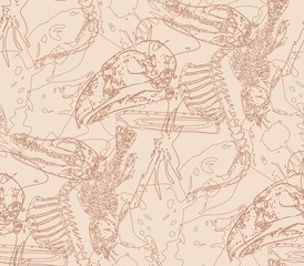 Seamless paleontology pattern with chaotic fossil bones in beige colors as ornament on cave walls