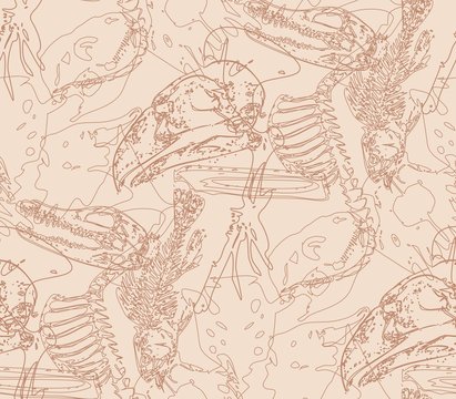 Seamless paleontology pattern with chaotic fossil bones in beige colors as ornament on cave walls