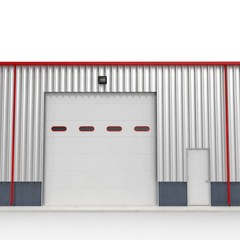 Prefab Steel Building garage door on white. 3D illustration