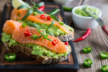 Whole grain bread with avocado paste and salmon