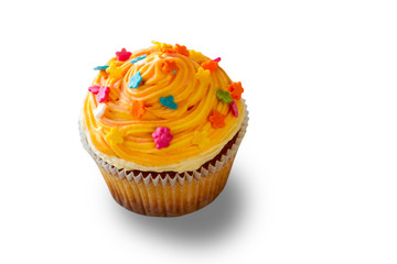 Cupcake with colorful decoration. Little dessert on white background. Colors of energy. Appetite and pleasure.